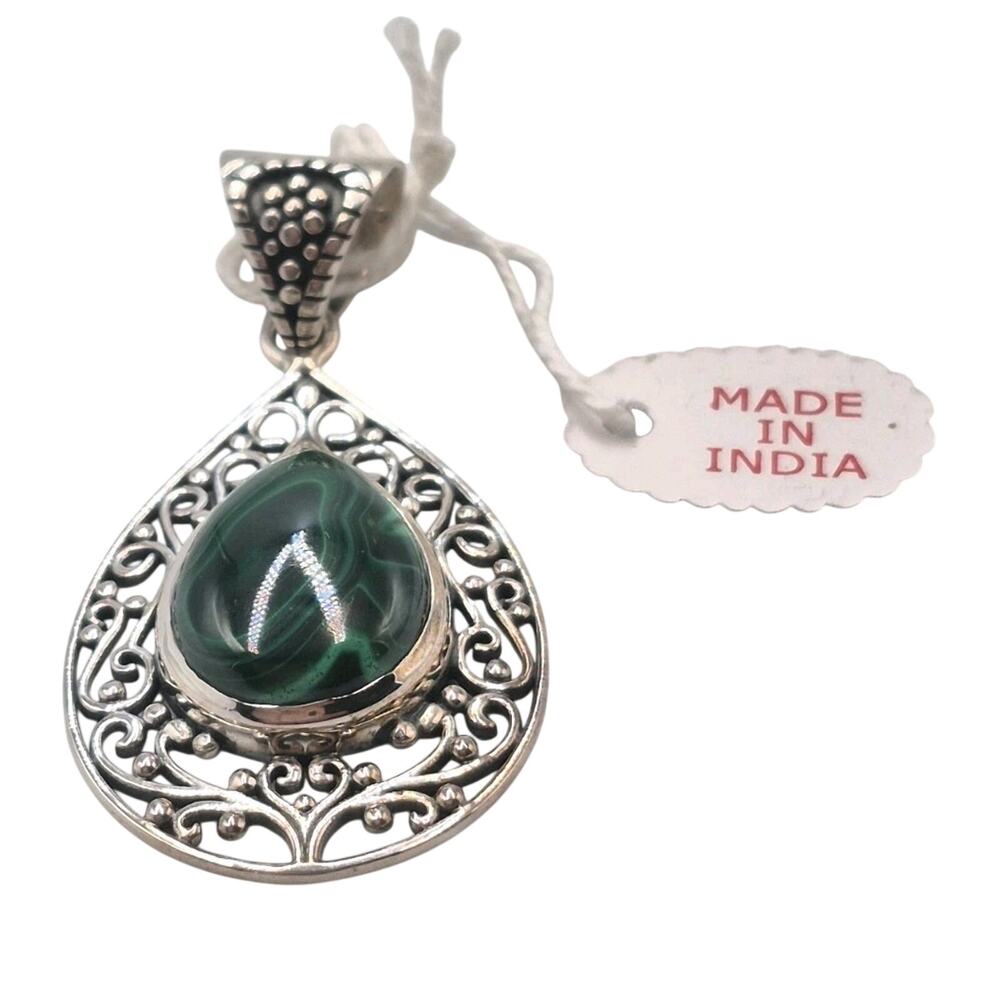Green Malachite Sterling Silver Teardrop Cabochon Pendant India Artisan 2x1" NWT